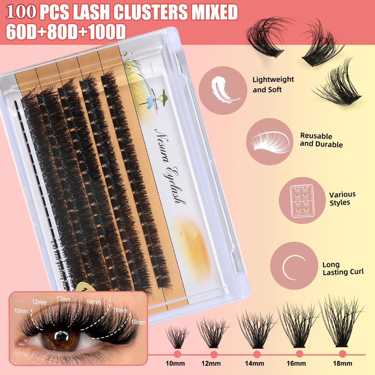 QSTY 100 Bundles Mink Eyelash Extension Natural 3D Russian Volume Faux Eyelashes Individual 60 80 100D Cluster Lashes Makeup