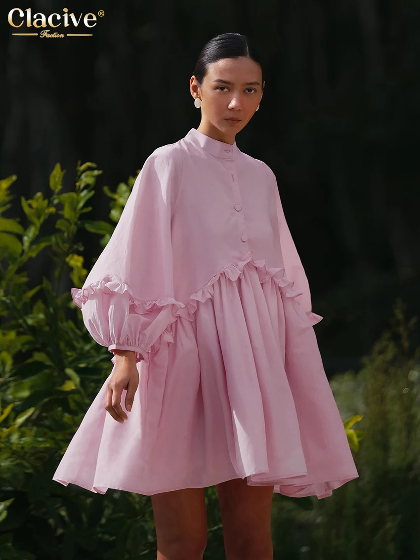 Clacive Casual Loose Pink Women's Dress 2024 Elegant Lapel Puff Sleeve Mini Dresses Fashion Classic Ruffle Pleated Female Dress