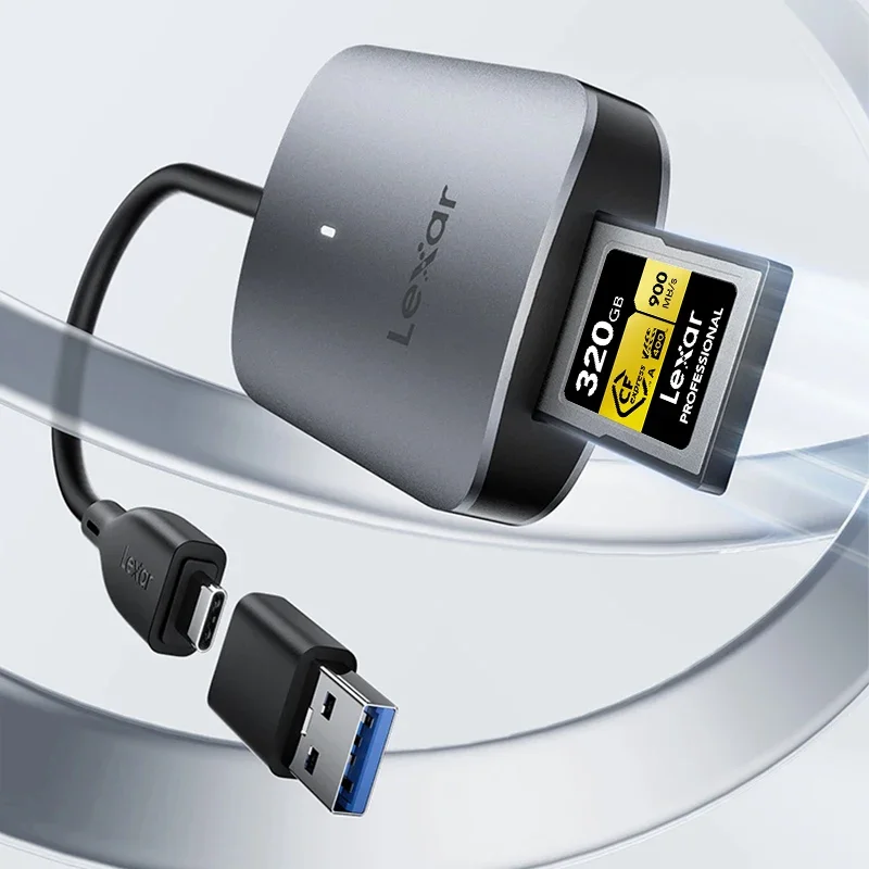 lexar-cfexpress-type-aカードリーダー。読み込み速度900mb-s。usb-cからusb-aへのアダプター。windowsおよびmacに対応。usb-32-gen-2。電源はusb経由。