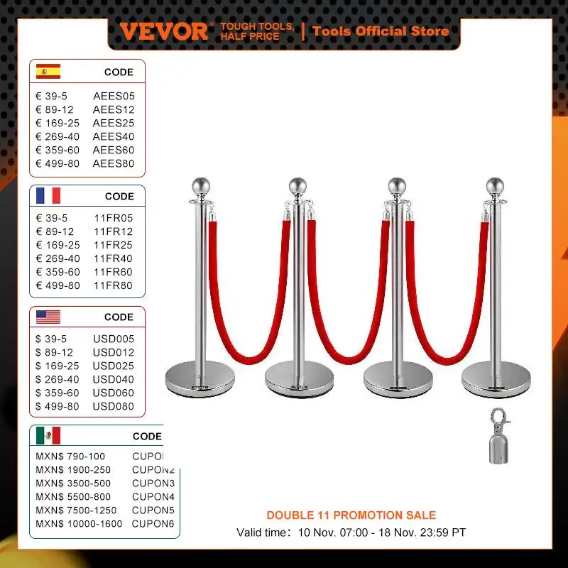 VEVOR 38Inch 4pcs Silver Stanchion Posts Queue Red Velvet Rope Crowd Control Line Barriers with Stable Base for Party Supplies