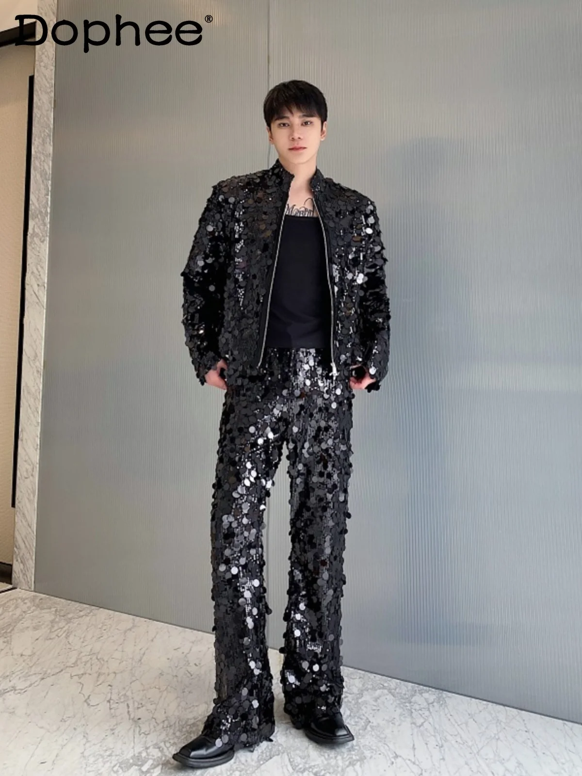 

Men's 2024 Autumn Sequined Stand Collar Long Sleeve Short Jackets Men's Sets Men's Trendy Handsome Jacket Trousers Two-piece Set