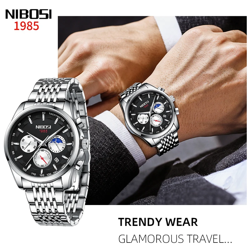 NIBOSI New Fashion Chronograph Quartz Watch for Men Luxury Gold Stainless Steel Strap Waterproof Mens Watches Relogio Masculino