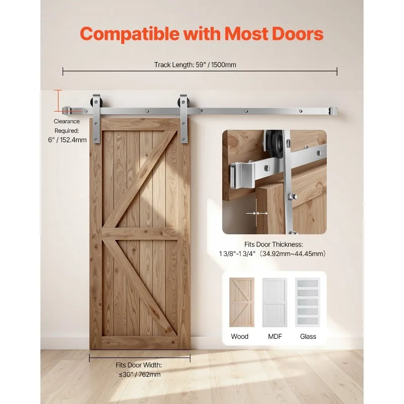 طقم أدوات باب الحظيرة المنزلقة بطول 5 أقدام لباب الحظيرة المنزلق الفردي باللون الفضي