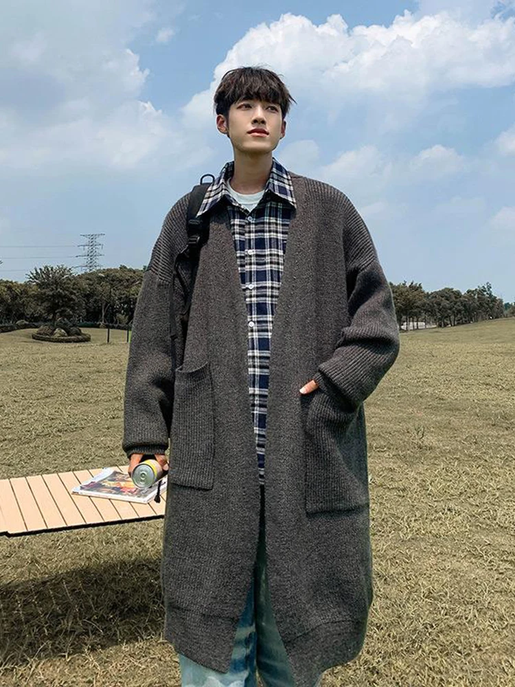 

Ретро японский Sle мужской длинный вязаный свитер весна осень повседневный свободный крой ленивый кардиган пальто Sli модный