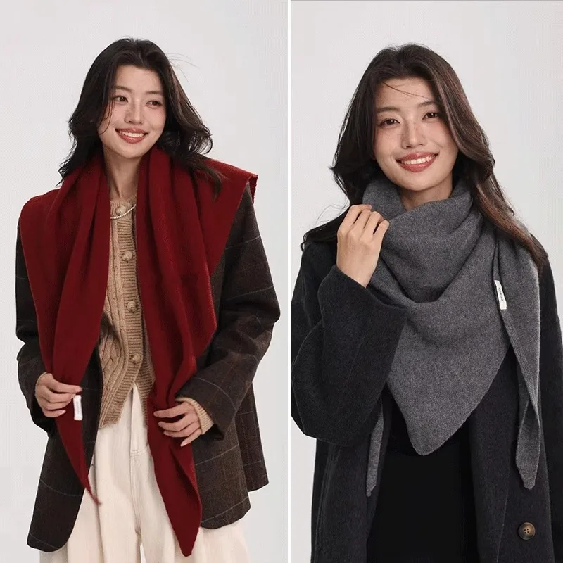 女性のウールスカーフ厚くて暖かい首保護ピュアカラー三角ショール韓国スタイル冬のファッションアクセサリー多用途長さ