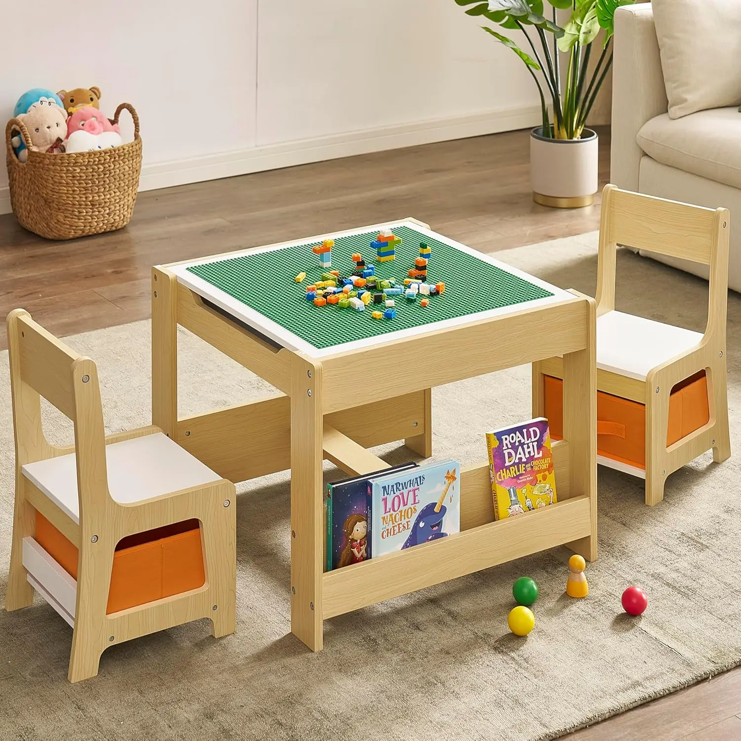 Chair Set, 4 in 1 Wooden Activity Table with Bookshelves and Storage Drawer, 2 in 1 Detachable Tabletop Construct