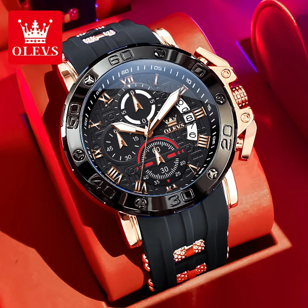 

OLEVS Brand Luxury Multifunctional Quartz Watch Men's Sports Silicone Strap Waterproof Fashion Big Dial Chronograph Watches Mens