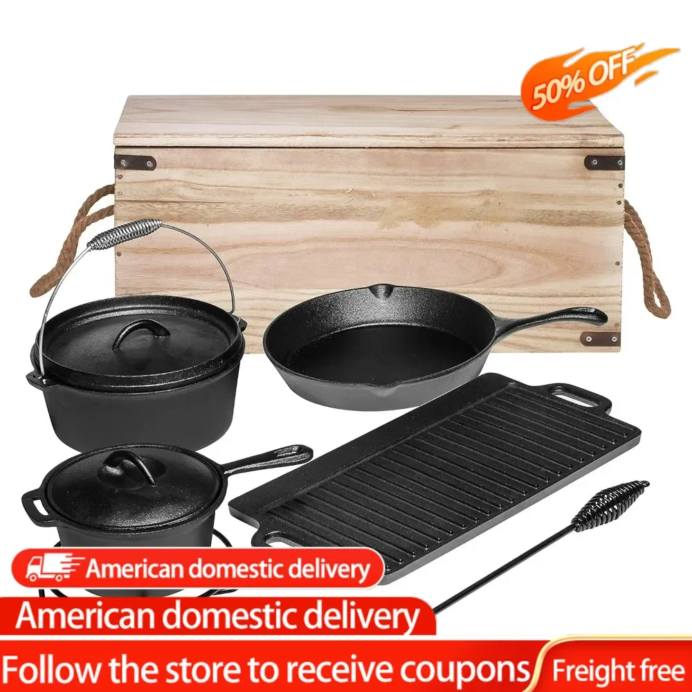 

Pre Seasoned Cast Iron Pots And Pans Dutch Oven With Lids For Outdoor Comefire. Grill Cookware Skillet Sets With Storage Box