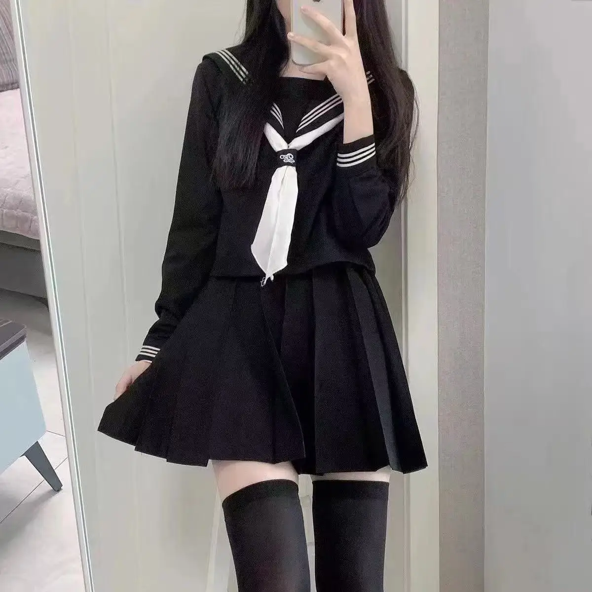

Anime-Inspired Middle Sailor Costume - 3-Stripe Black Collar Student Uniform Set