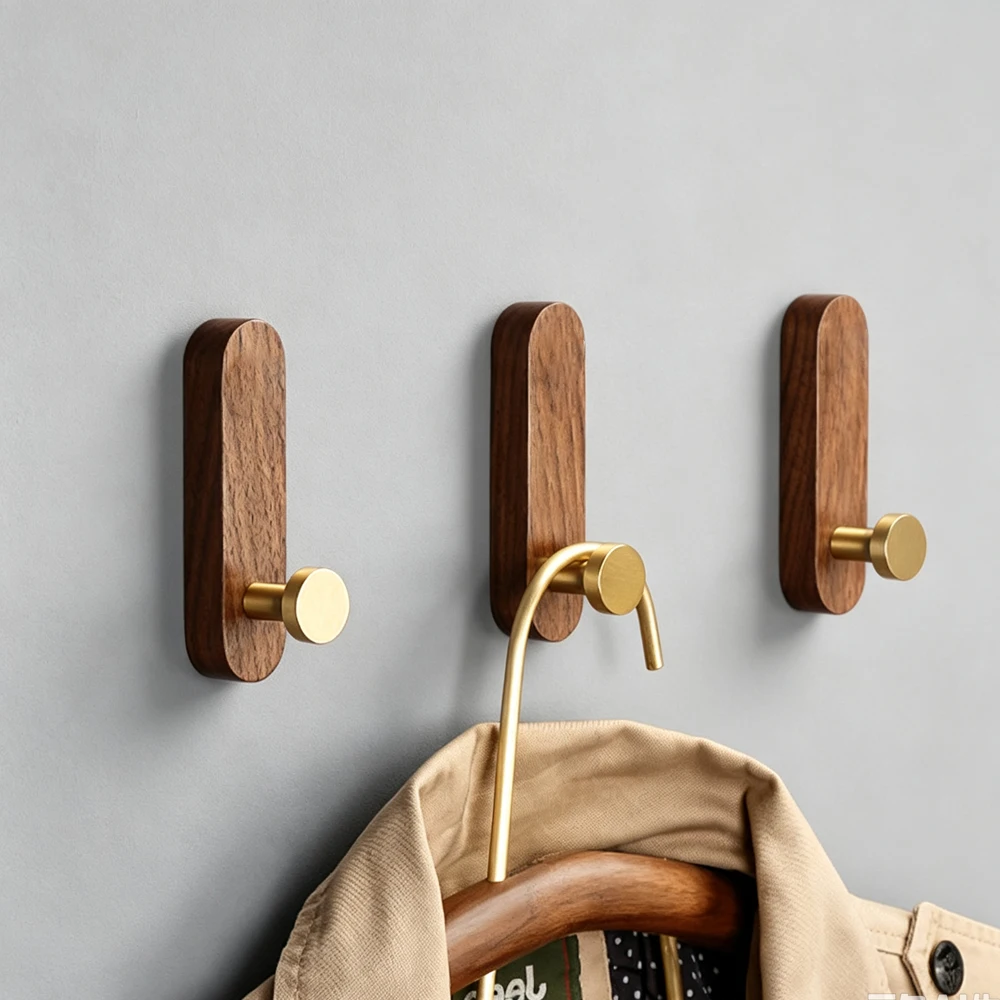 No Drilling Walnut Hanging Hanger Robe Hook Coat Storage Rack Adhesive Wall Hooks Key Decoration Hook Practical Wood Hook