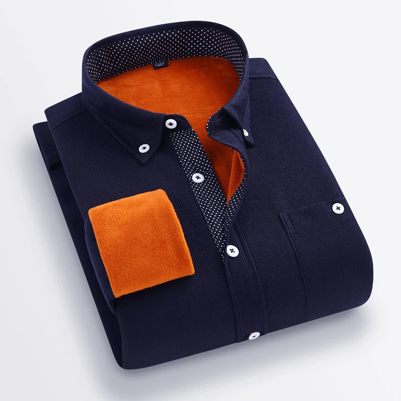 2023 Winter Men's Fleece Lining Thermal Shirt Men Fashion Corduory Thick Shirt Male Casual Button Down Warm Dress Shirts