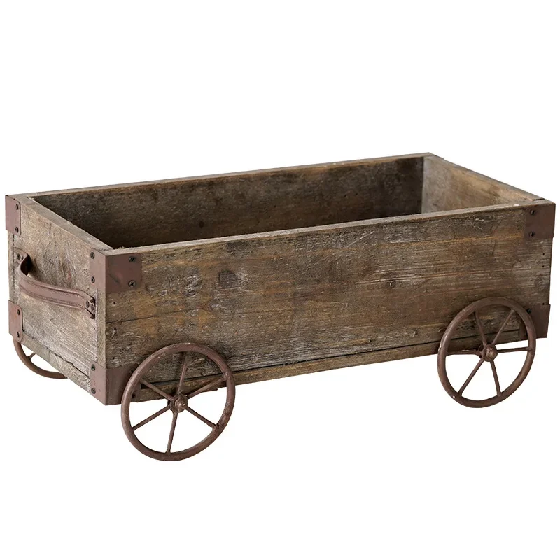 

Cross-border gardening small trailer flower pot flower stand wrought iron solid wood old creative garden flower house decoration