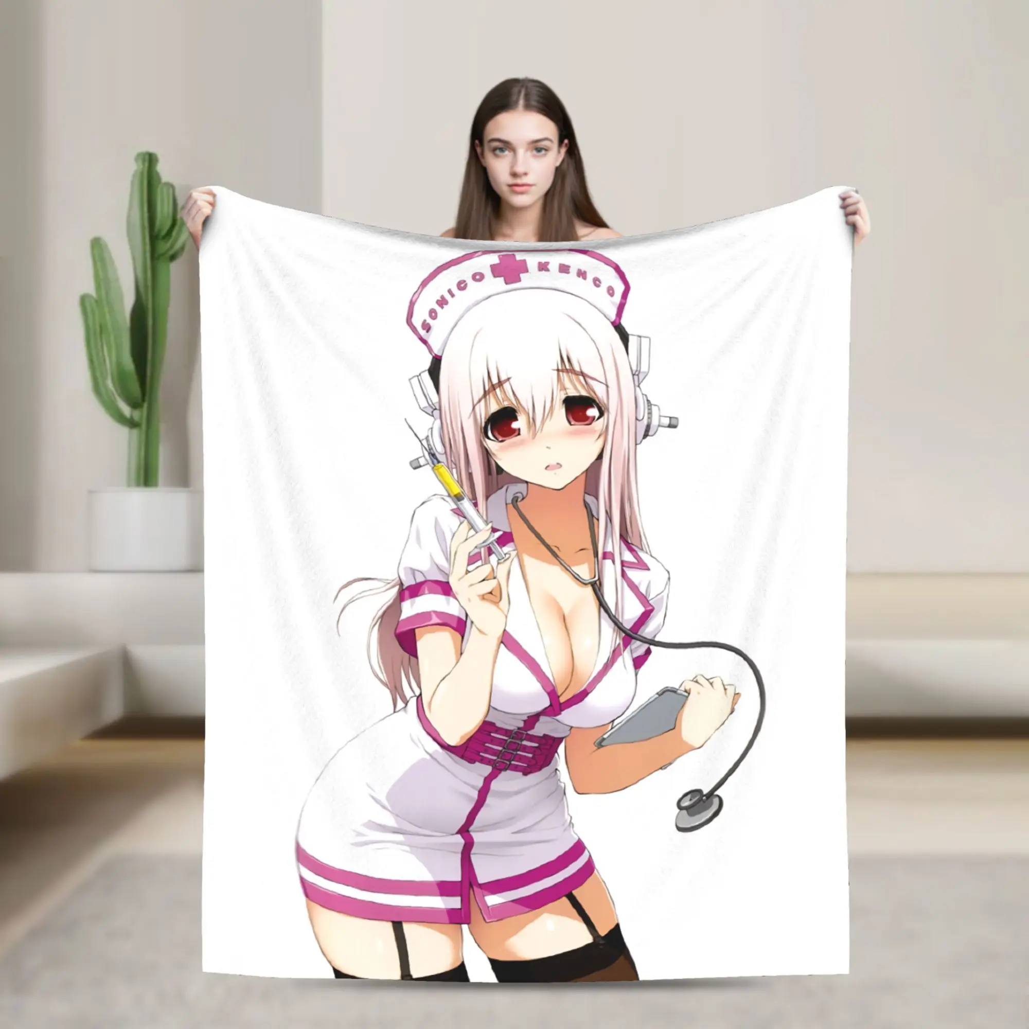 Super Sonicos Nurse Anime Manga Fuzzy Blankets  Funny Throw Blanket for Home 125*100cm Quilt,