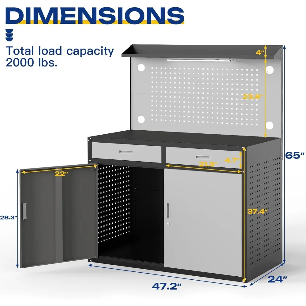 منضدة عمل شديدة التحمل بسعة 2000 رطل مع أدراج وتخزين وإضاءة ولوح بيجب لاستخدام الورشة الصناعية #2