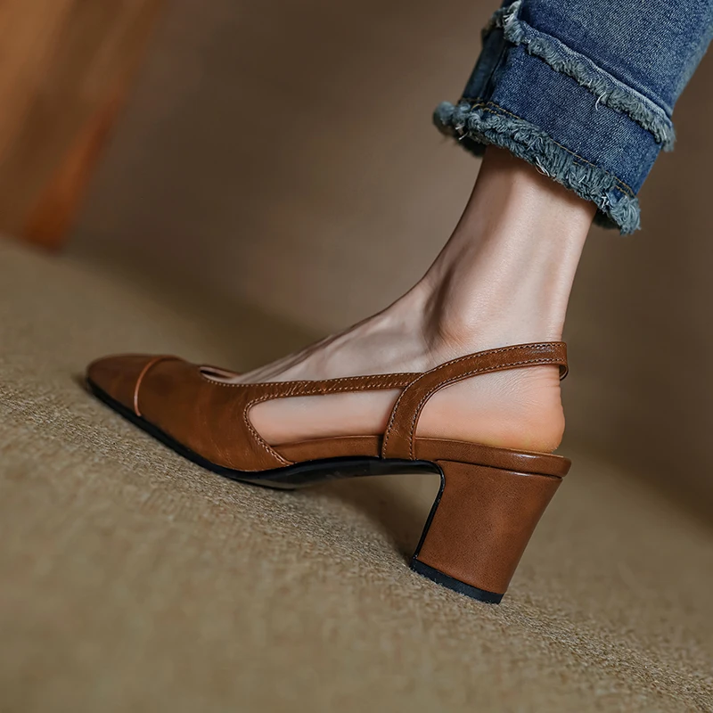 NEW Summer Women Sandals Genuine Leather Shoes for Women Cover Toe Slingback Shoes Narrow Band Square Toe High Heel Women Shoes