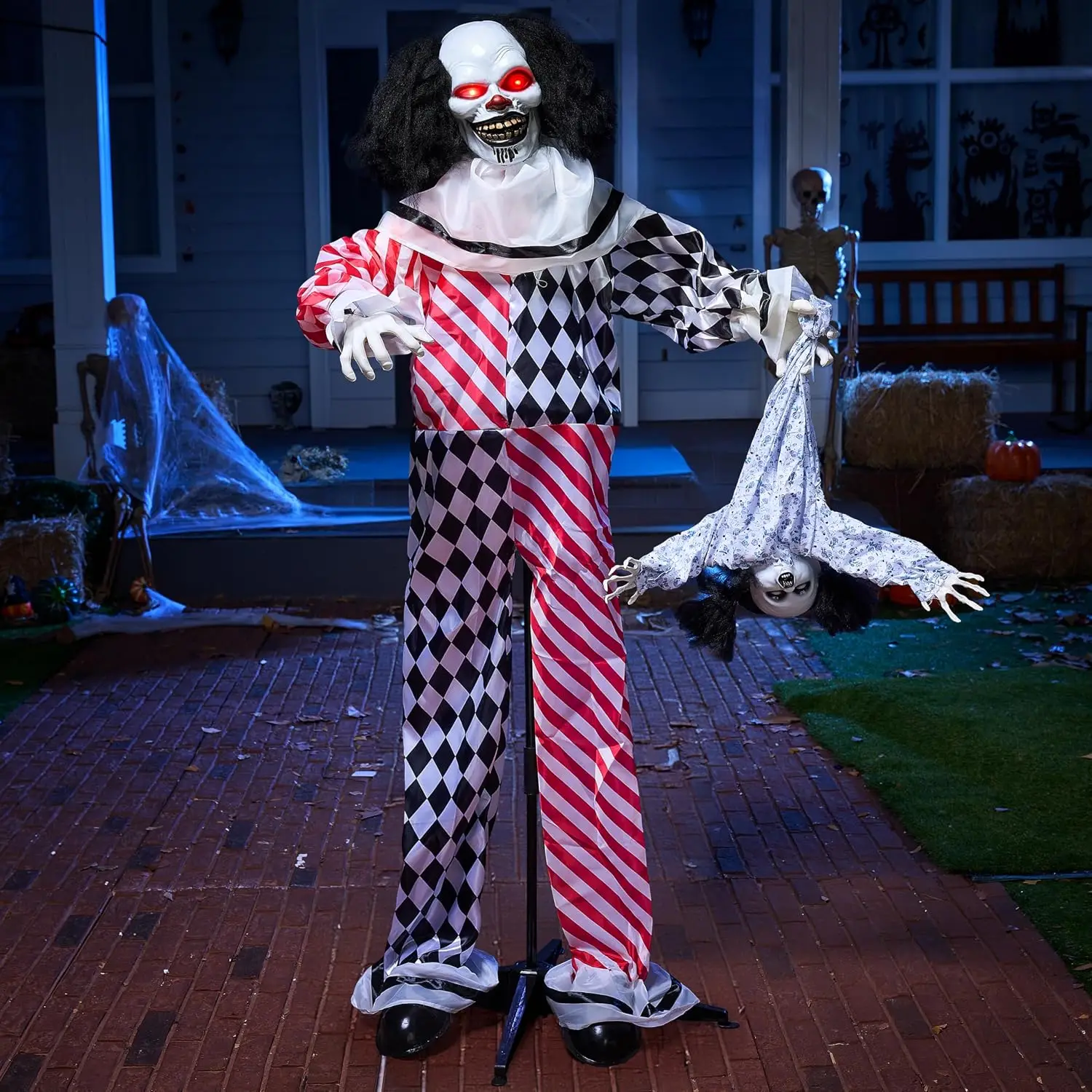 Halloween Animatronic Clown Holding Doll, Life Size Outdoor Animated Decoration with Motion, Sound & Light, IR Sensor Activated Prop for Haunted House, Party Supplies, Yard, Lawn