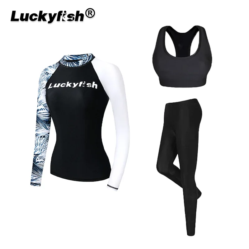 النساء 3 قطعة طويلة الأكمام مقاوم للماء دنة الاستحمام طفح الحرس قميص جذوع تنورة UPF50 + سريعة الجافة الشاطئ تصفح ملابس رياضية #1