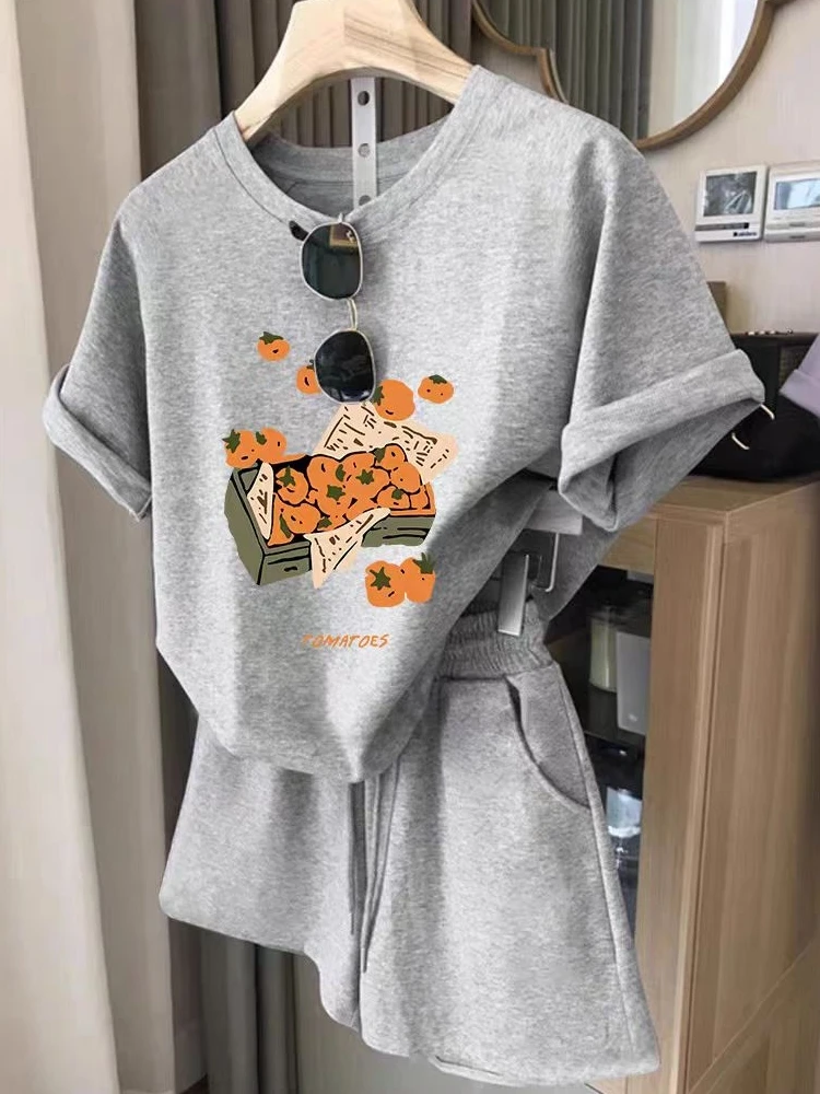 

Comfortable Short Sleeve Short Set Women's Casual Sportswear Loose Korean Style Summer Outfit Two-Piece Set round Neck Pullover