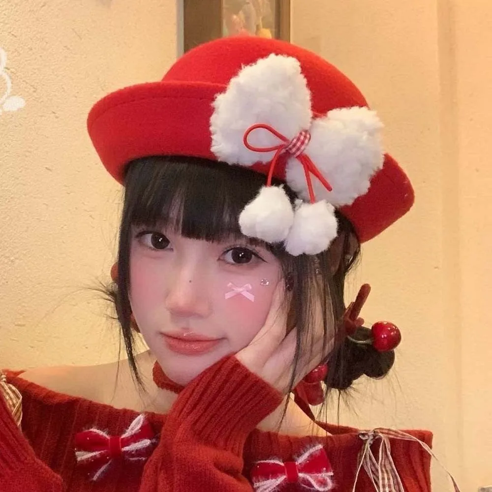 

Элегантная винтажная шляпа-бейсболка с красным бантом в японском стиле, шерстяная шляпа-бакет с бантом, универсальная шляпа-кепка для девочек, праздничная шляпа-домик