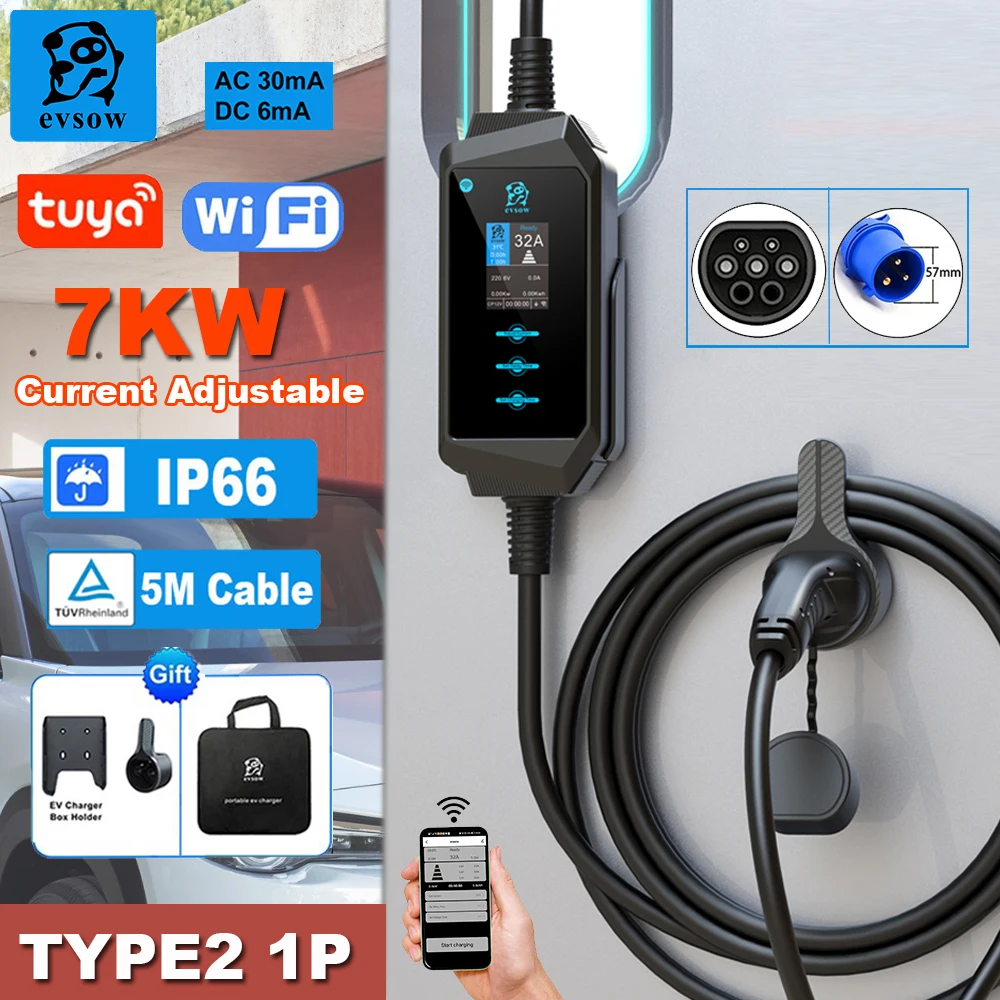 evsow Portable EV Charger Type2 With WIFI APP 7KW 32A 1P Electric Car Charger Adjustable Current Smart Timing Charging For Home