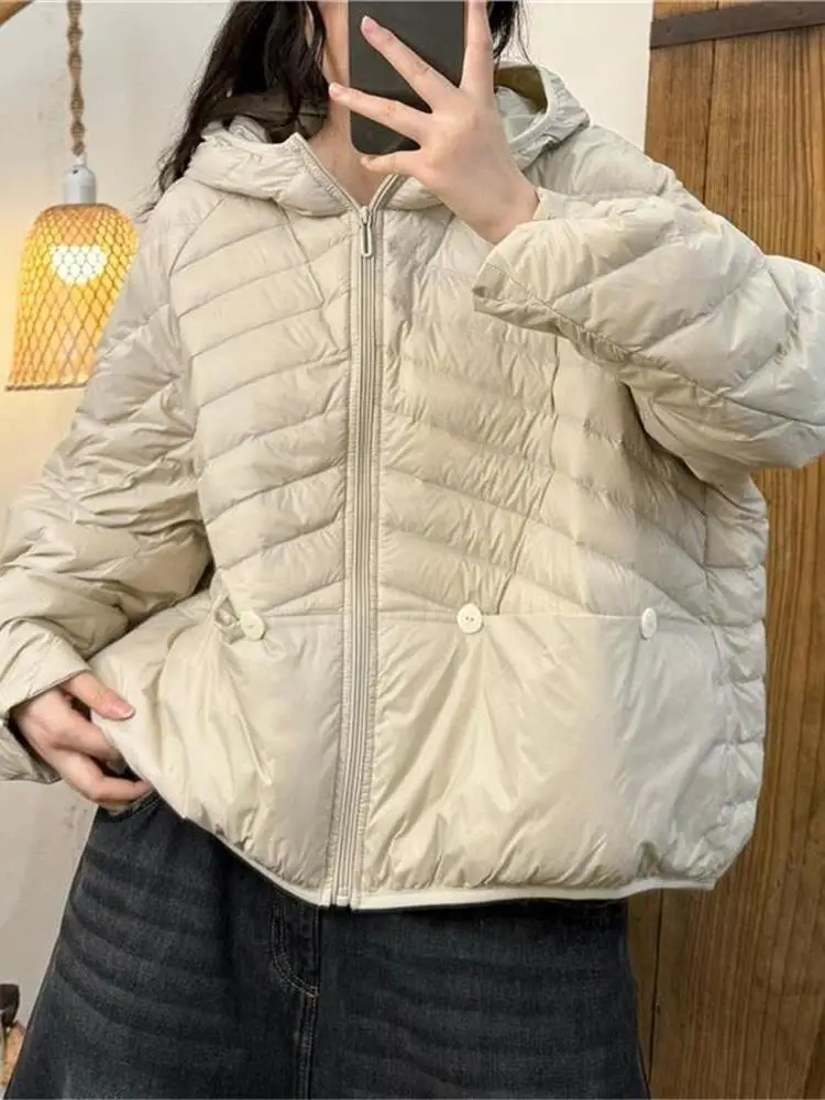 

Lightweight White Du down Puffer Jaet Women's Loose Fit Casual Sle Hooded Coat Sli Versatile Simple Stitching Design