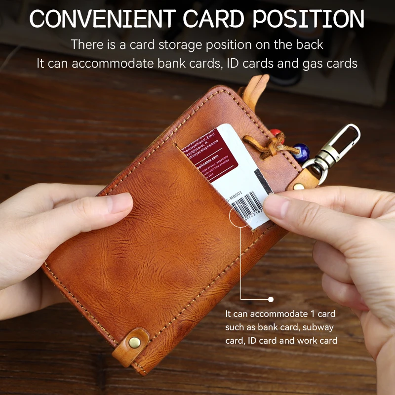Vintage Key Wallet For Men Handmade Genuine Leather Smart Key Ring Zipper Coin Purse Card Slot Housekeeper Key Chain Bag