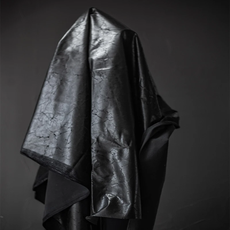 Black Cracked Coated Fabric with Distressed Wrinkles Reconstructed Texture Stiffened Pleats Avant Garde Designer Material