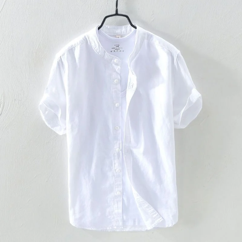 

Summer Thin Linen irt Men's Stand Collar White ort Sve Casual Vintage Cotton Linen ort Length Faionable Top