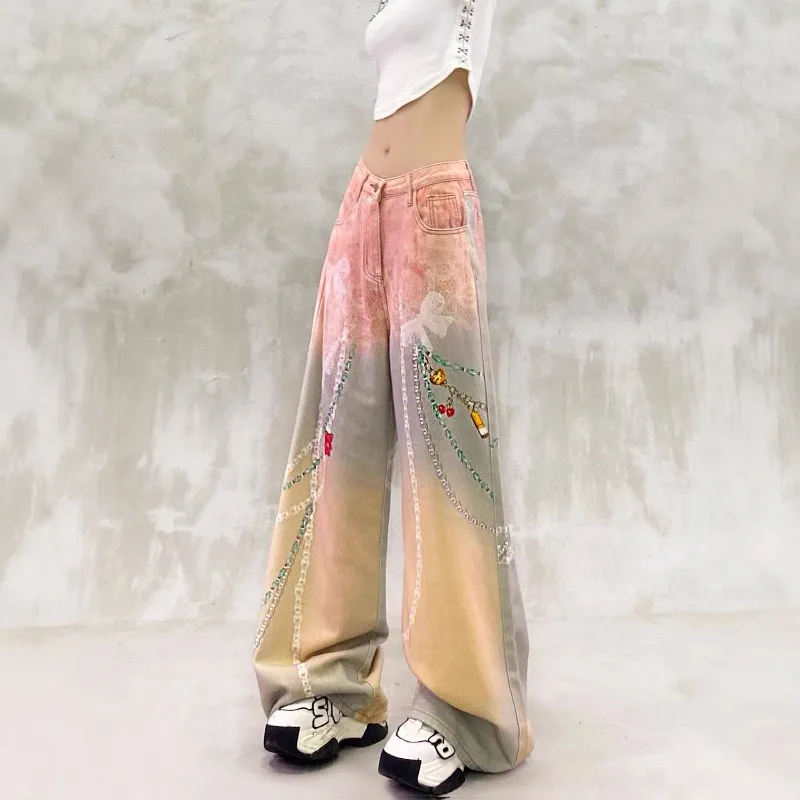 Korean Style Harajuku Women's Pink Gradient Wide Leg Denim Pants Japan Fashion Bow Lace Printed Loose Jeans Y2k Streetwear