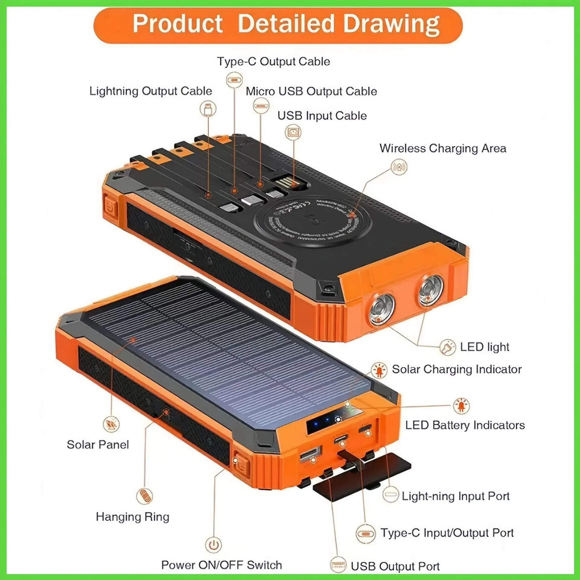 20000mAh Solar Power Bank Wireless Charging Outdoor Dual Flashlight Portable Charger