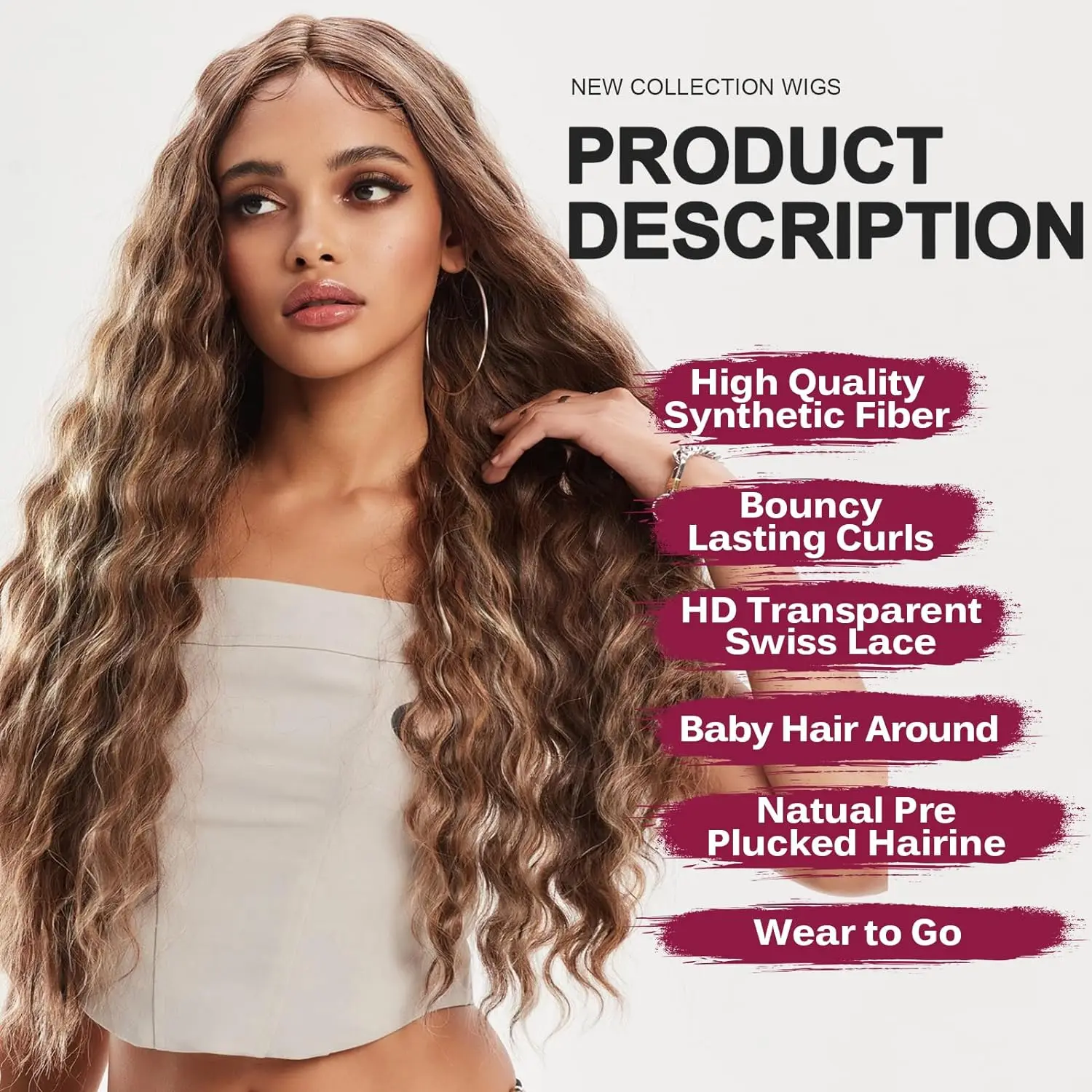 LOUIS FERRE Long Deep Wave Wig Brown Highlight Crimps Curl Synthetic Hair Wigs Lace Front Wig for Women with Babyhair for Daily