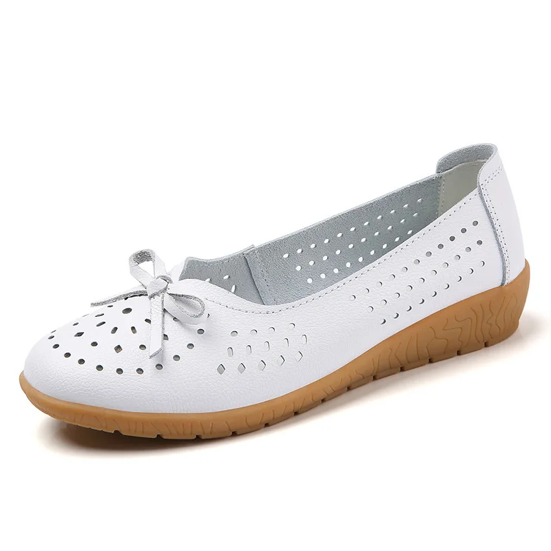 2025 summer Women Cutouts Genuine Leather Mom Shoes Comfortable Flats Nurse Casual slip-on ballet flat loafers size 35-42