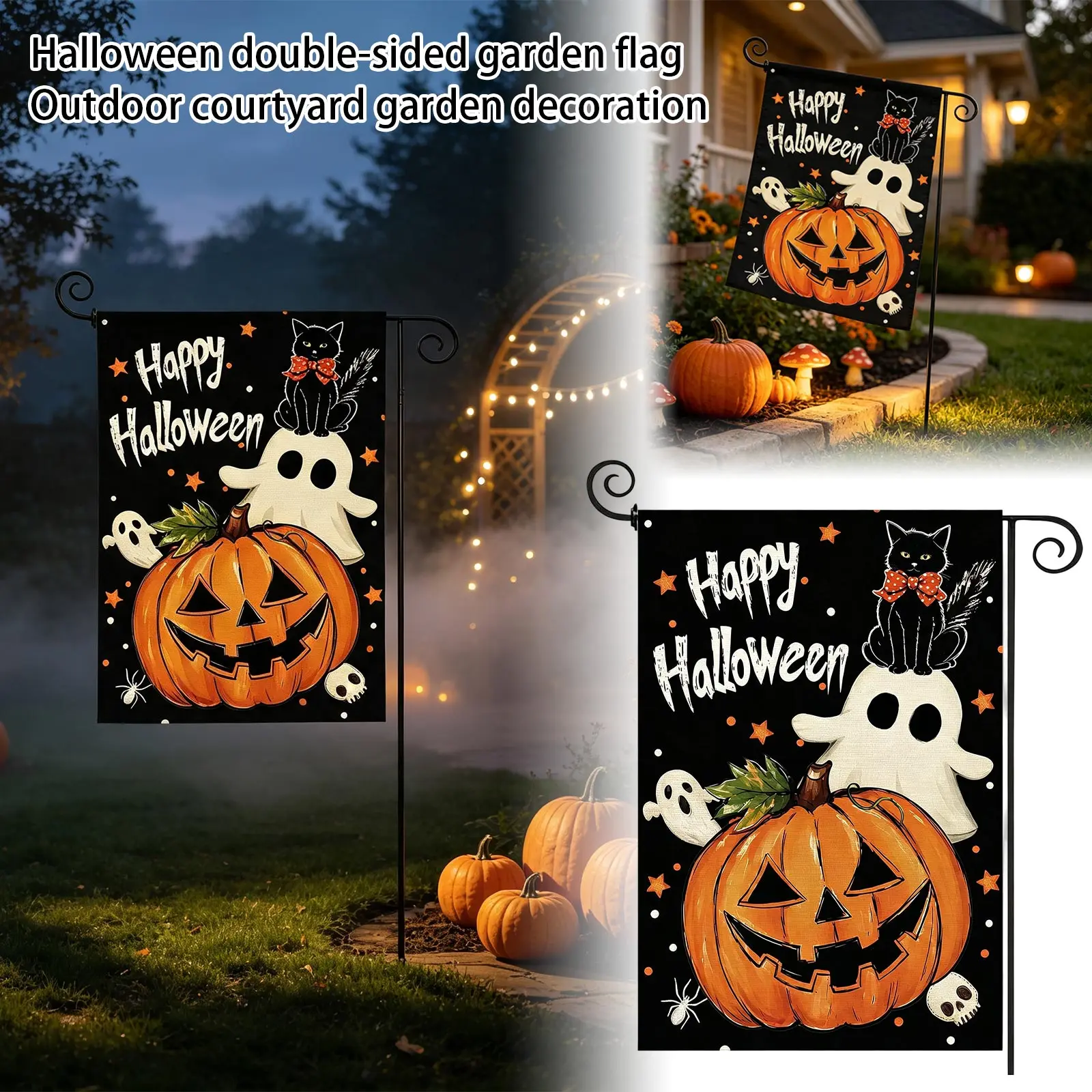 Double-Sided Happy Halloween Garden Flag Outdoor Yard Decor Ghost with Pumpkin Fall Theme for Halloween and Holiday