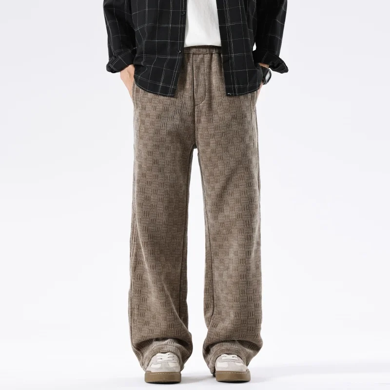 

2026 Spring Autumn New Vintage Plaid Corduroy Thick Straight Pants for Men Clothing Soft Drawstring Men Sweatpants