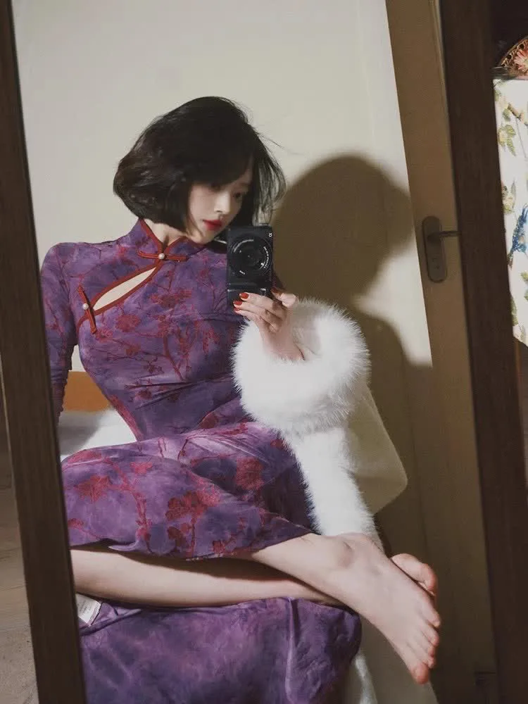 

Ele Purple Chinese Long Dr Women's Slim Fit Special Ocn High Slit Floral Pattern Traditional Chinese Sle