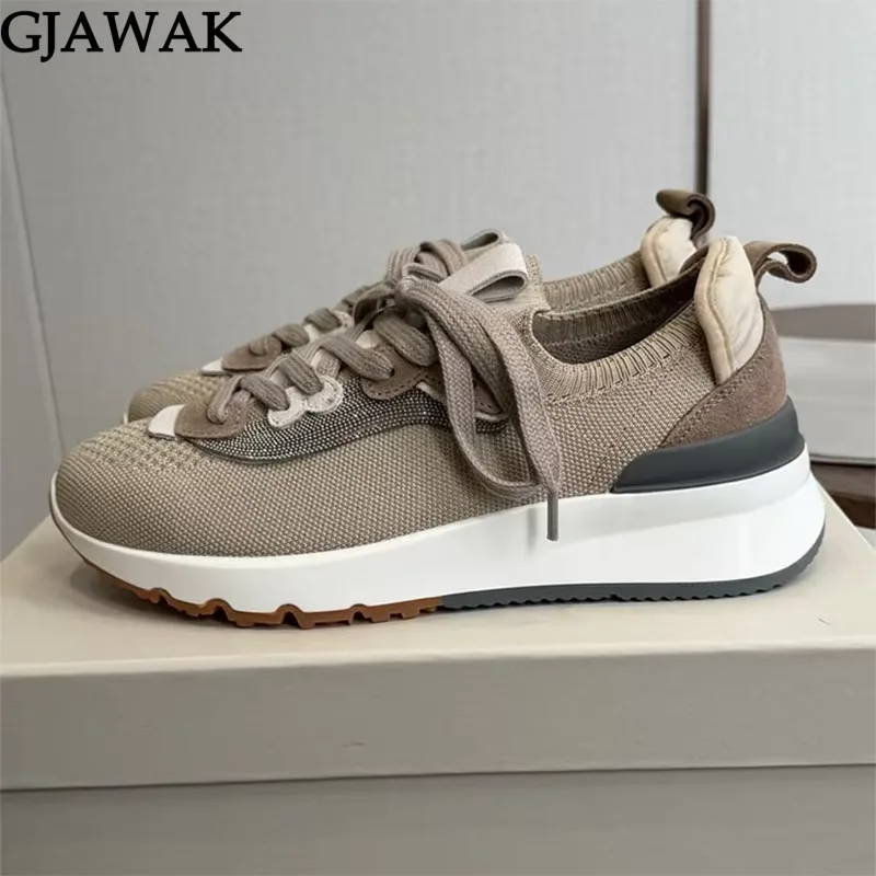 New Platform Lace Up Shoes For Woman Spring Knitted Casual Sneakers Woman Round Toe String Bead Flat Women's Walk Shoes 2026