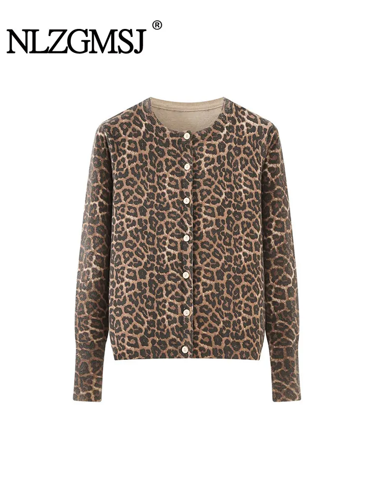 NLZGMSJ Damski kardigan z dzianiny na jesień 2025, wzór w panterkę, okrągły dekolt, długi rękaw, zapinany na guziki, sweter w stylu casual streetwear