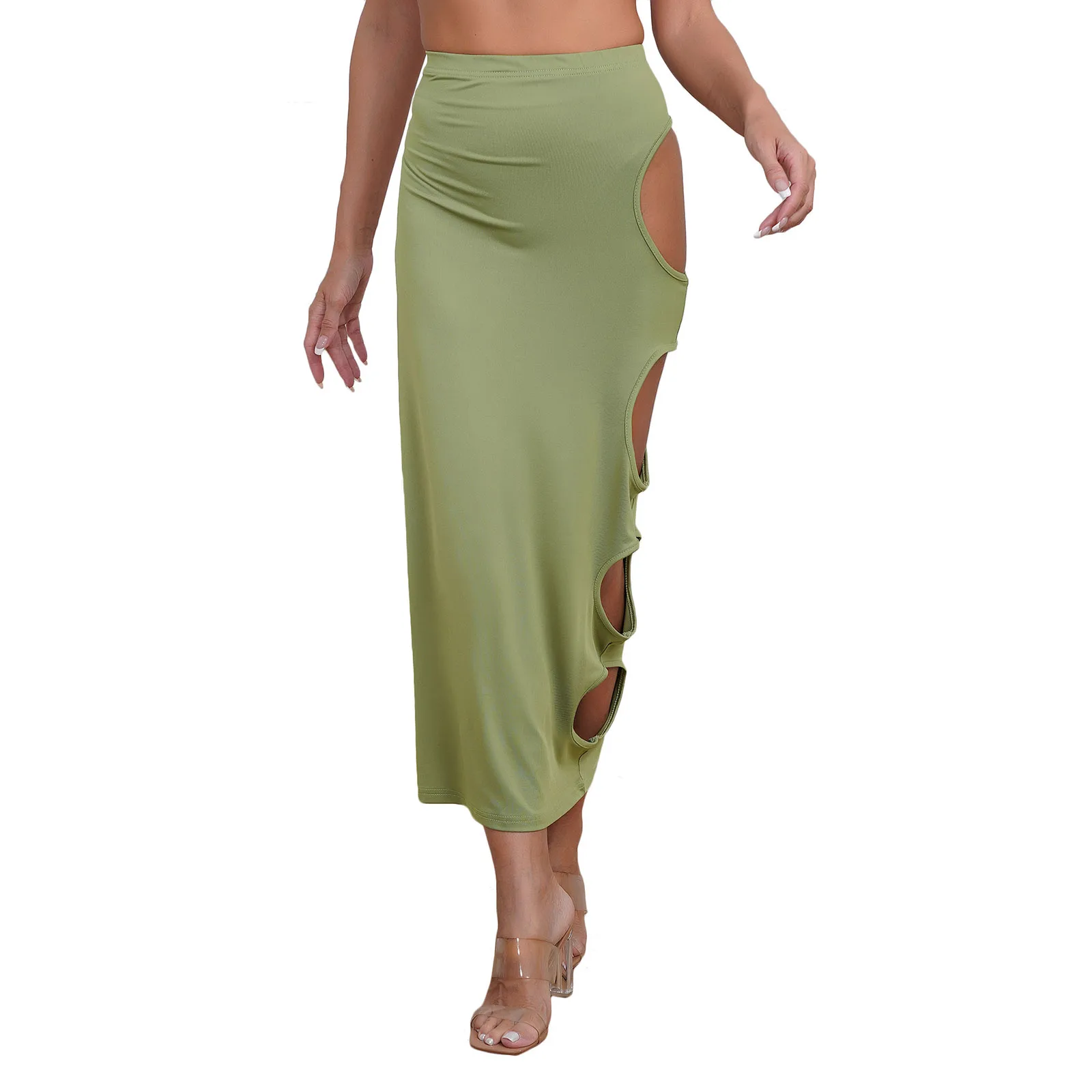 Womens Tight Maxi Skirt Casual Cut-Out Skirt Elastic Waist Side Round Hollowing Solid Color Hip Wrap Skirt for Casual Vacation