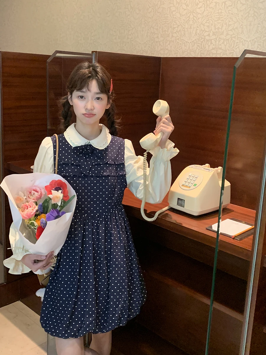 

Polka Dot Doll Collar Lantern Sve Girl Dr Vintage Two Piece Embellied Skirt Cotton Linen Spring Autumn Women's Dr