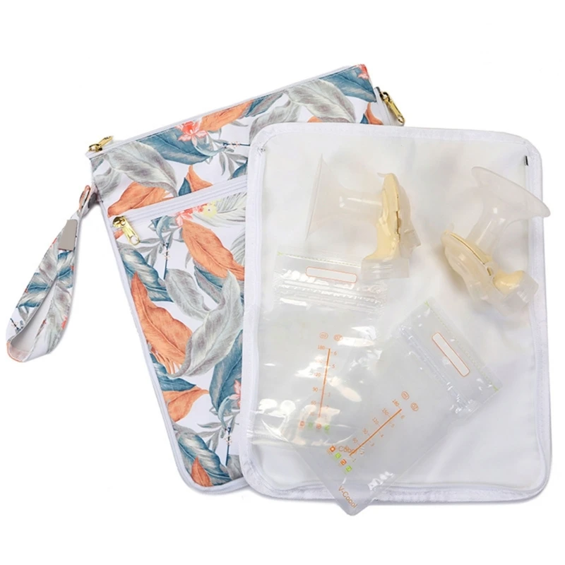 F19F Stylish Breast Componnet Storage Bag Organiseer with Wet and Dry Areas Fit All Brands Pumping Mahine for Busy Mom