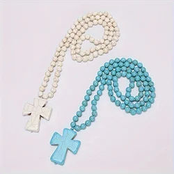 Ethnic wind turquoise necklace Women's retro cross pendant Long necklace imitation turquoise sweater chain