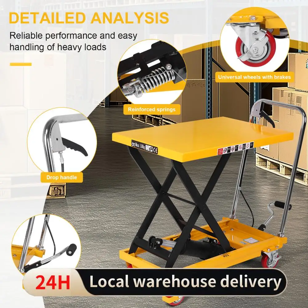 

150KG Hydraulic Lift Table Cart Manual Single Scissor Platform with 4 Wheels & Non-slip Pad for Material Handling ﻿