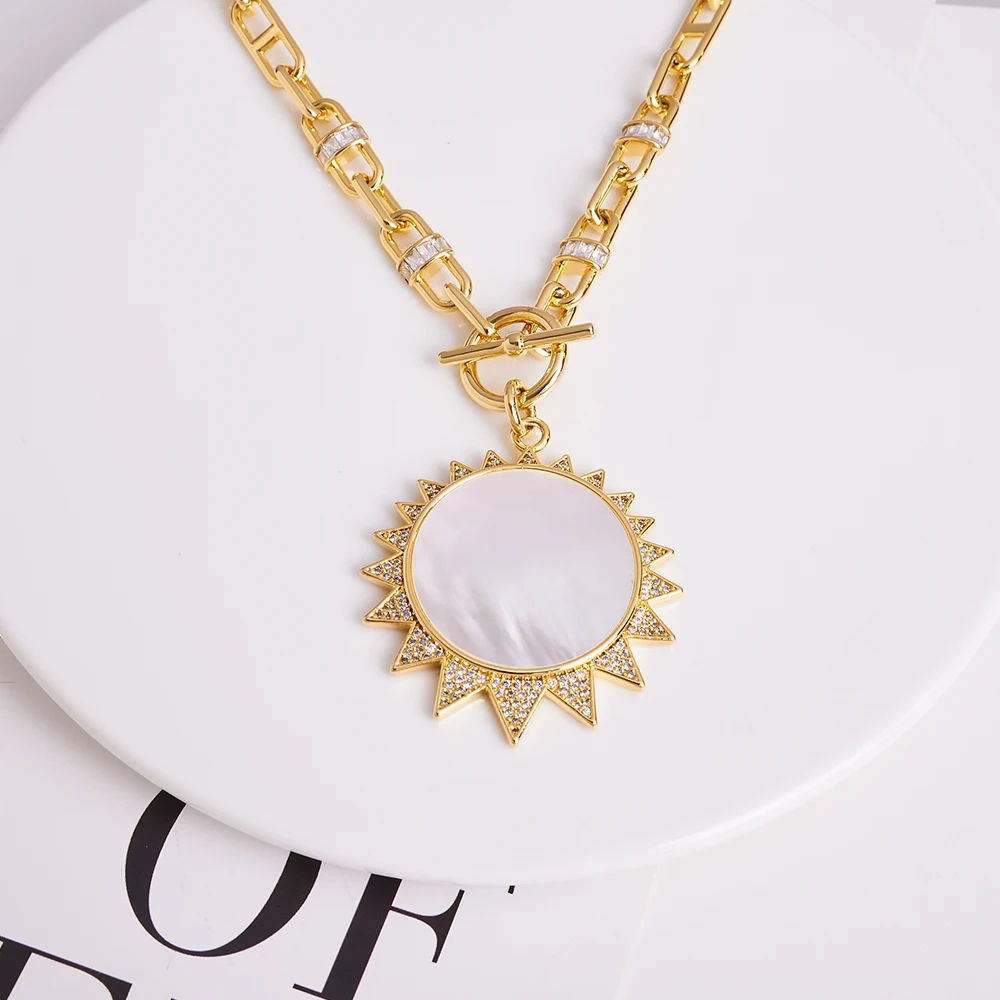 TIRIM MOP Sun Necklace for Women Oversized Shell Pendant Jewelry CZ Chain Link Cuba Cocktail Girl Party Accessories Jewellery