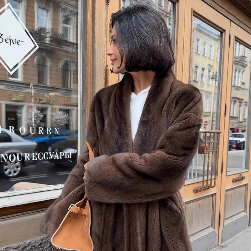 Women Fashion Elegant Lace Up Faux Fur Jacket Plush V-neck Long Sleeve Loose Warm Jackets Lady 2025 Winter Commute Street Coats