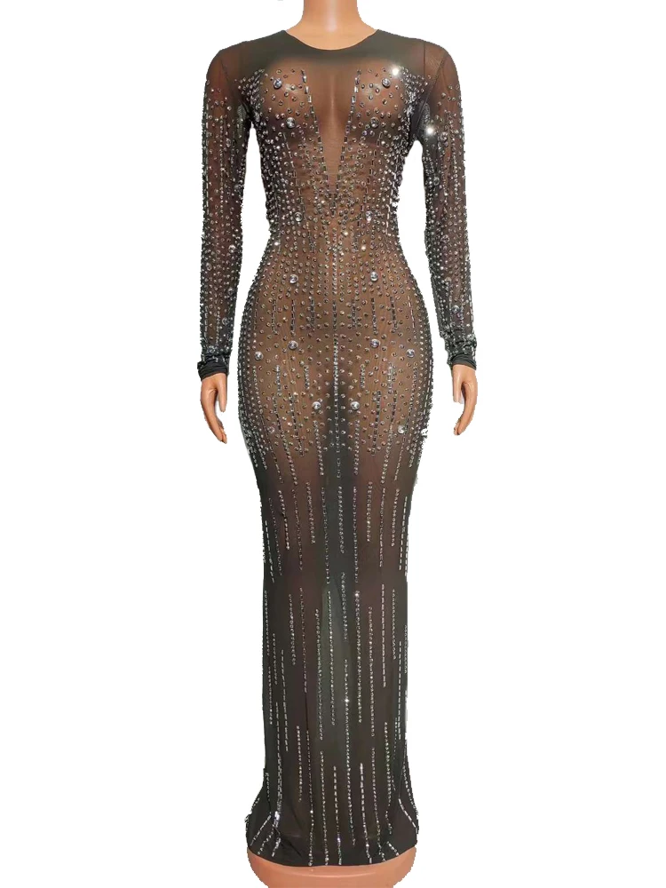 

Sexy See Through Stretch Mesh Women Evening Party Dress Luxury Rhinestone Show Sing Dance Dresses Drag Queen Stage Costume