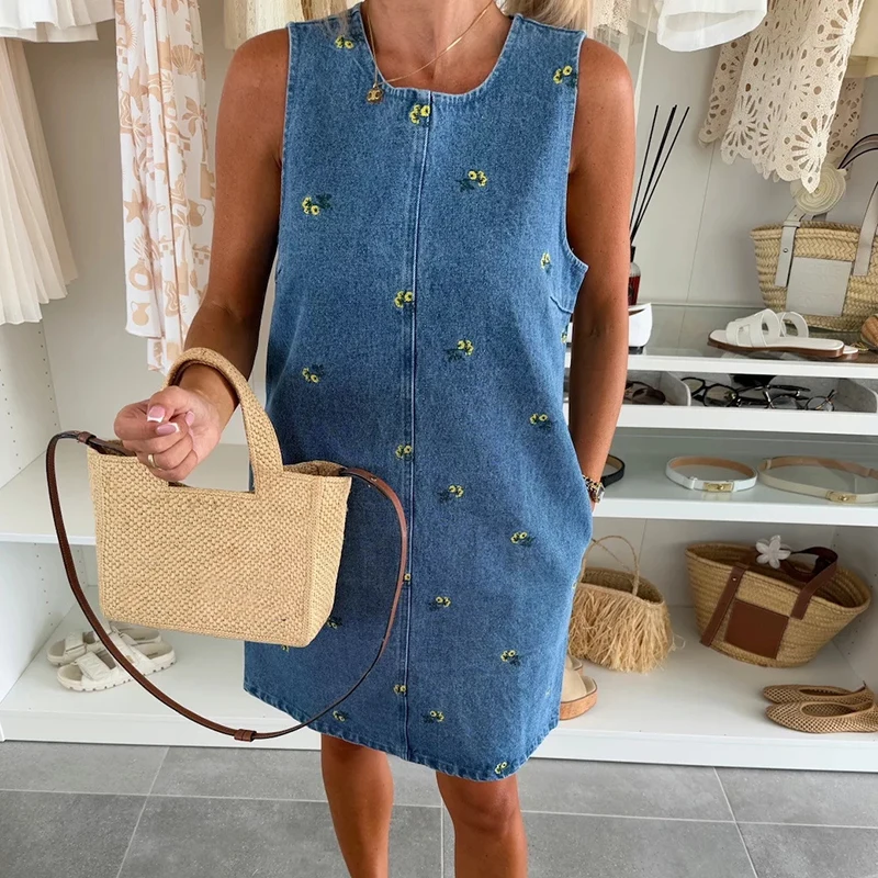 

Fashion Sleeveless Loose Denim Short Dress Summer New Tie Up Party Mini Dress Leisure Floral Printed O Neck Pocket Vestido Dress