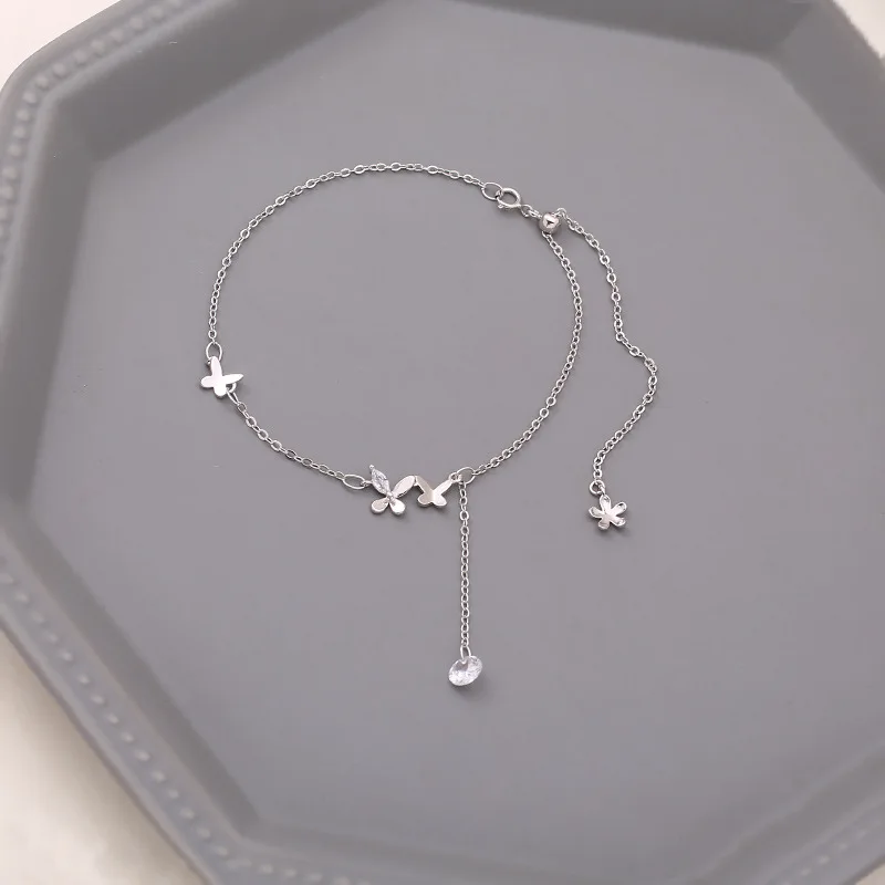 Sam panda 925 Sterling Silver Butterfly Anklet dla kobiet Delikatna bransoletka z frędzlami z cyrkoniami Biżuteria letnia