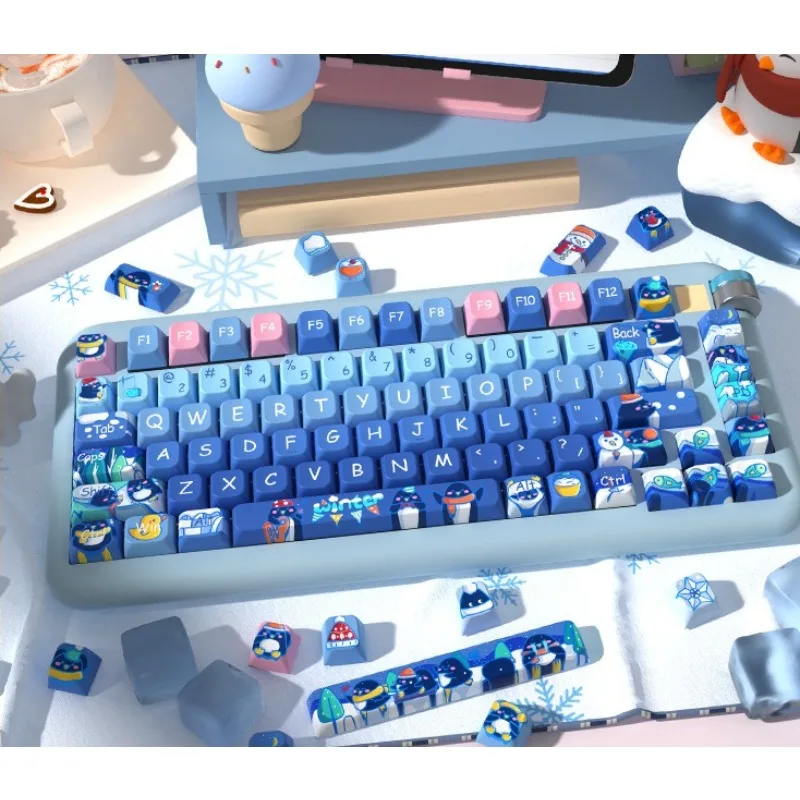 Cute Keyboards Winter Penguin Keycaps Set Anime Profile For MDA Profile Key Caps Blue PBT Dye-Sub Computer Keyboards Accessories