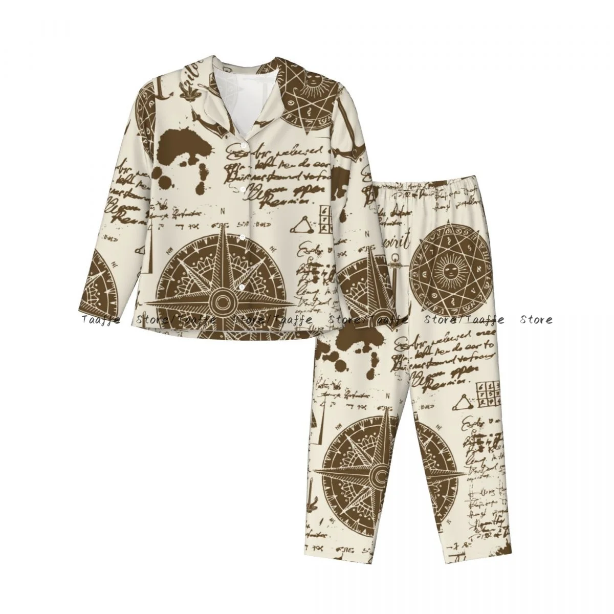 Autumn Pajama Set Women's Long Sleeve Pants Two Piece Old Manuscript With Caravels Wind Rose Anchors Home Furnishing Set