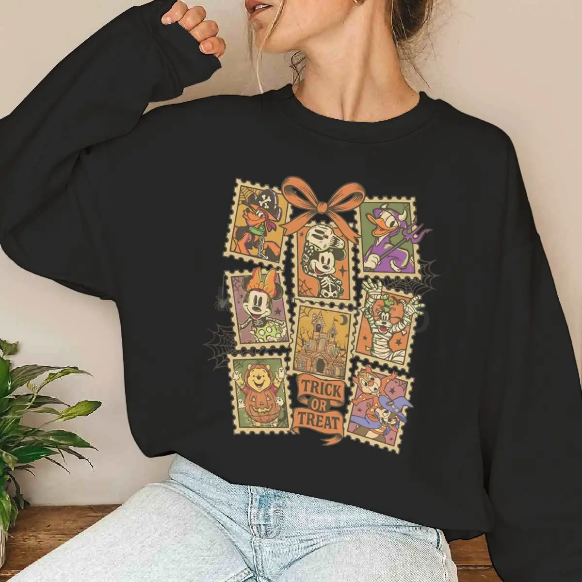 Sweat-shirt imprimé Halloween Disney Mickey & Friends pour femme, col rond, manches longues, surdimensionné, automne et hiver